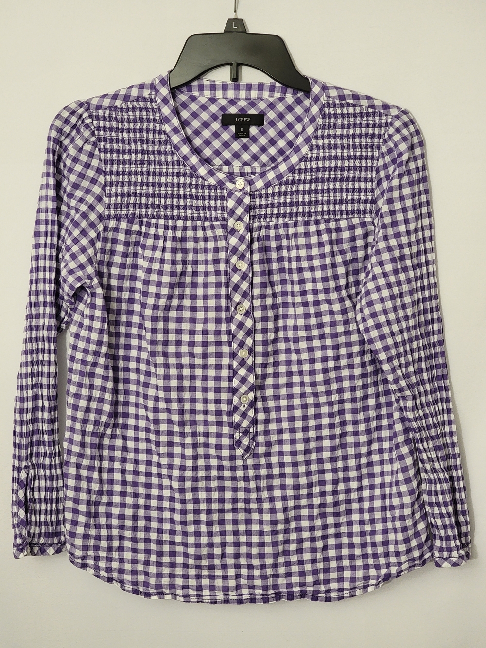 J. Crew Gingham Smocked Button-Front Top Size S